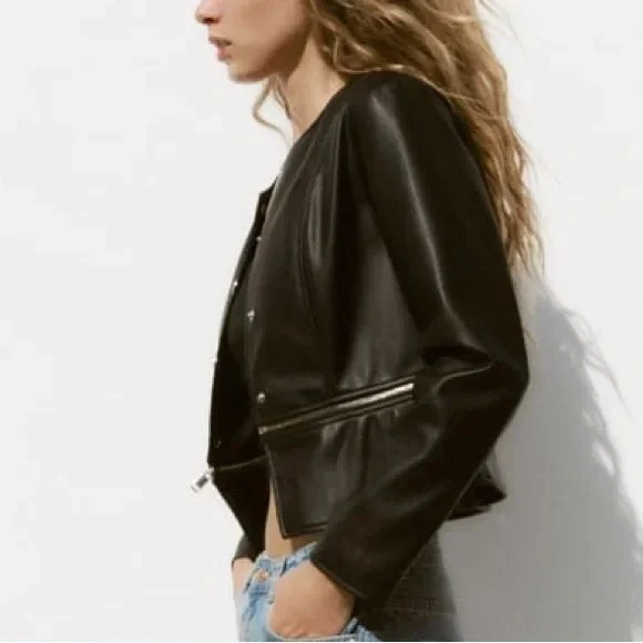 NWT ZARA Black 2 in 1 Faux Leather Snap Jacket Zip Crop Length Sz xs - Picture 2 of 16